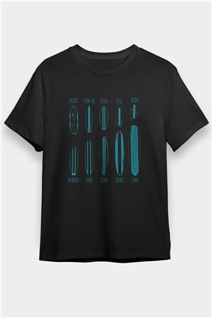 Sörf - Surfing Baskılı Unisex Siyah Tişört - Tshirt