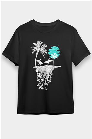 Sörf - Surfing Baskılı Unisex Siyah Tişört - Tshirt