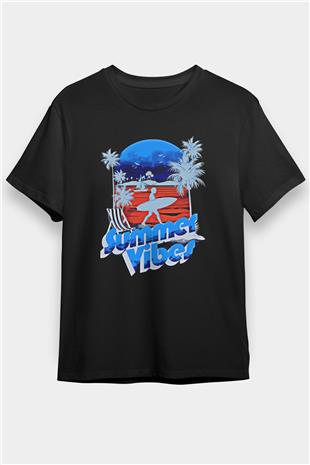 Sörf - Surfing Baskılı Unisex Siyah Tişört - Tshirt