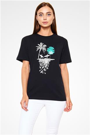 Sörf - Surfing Baskılı Unisex Siyah Tişört - Tshirt