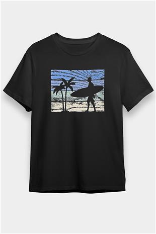 Sörf - Surfing Baskılı Unisex Siyah Tişört - Tshirt