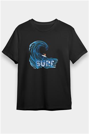 Sörf - Surfing Baskılı Unisex Siyah Tişört - Tshirt