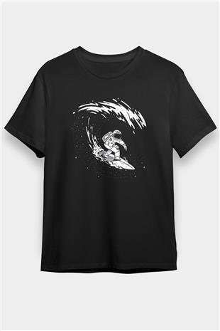 Sörf - Surfing Baskılı Unisex Siyah Tişört - Tshirt