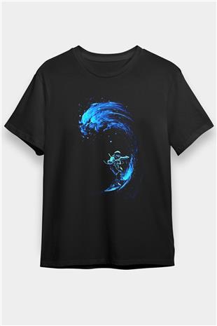 Sörf - Surfing Baskılı Unisex Siyah Tişört - Tshirt
