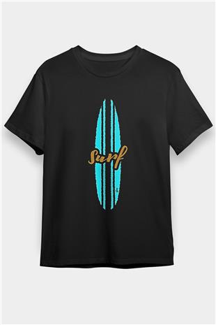 Sörf - Surfing Baskılı Unisex Siyah Tişört - Tshirt