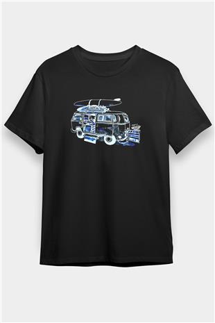 Sörf - Surfing Baskılı Unisex Siyah Tişört - Tshirt