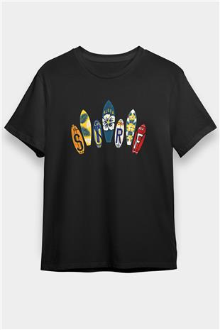 Sörf - Surfing Baskılı Unisex Siyah Tişört - Tshirt