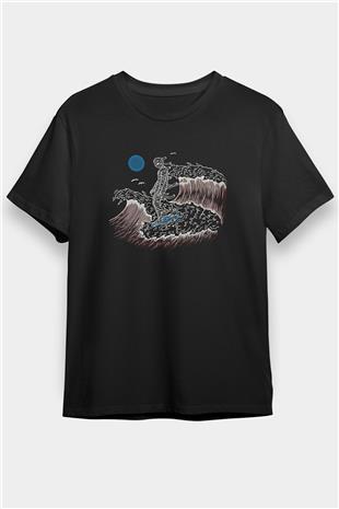 Sörf - Surfing Baskılı Unisex Siyah Tişört - Tshirt