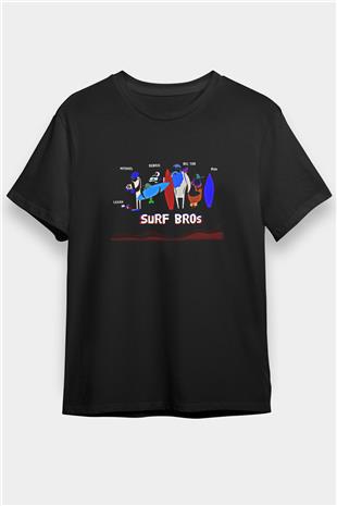 Sörf - Surfing Baskılı Unisex Siyah Tişört - Tshirt