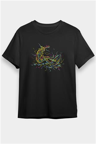 Sörf - Surfing Baskılı Unisex Siyah Tişört - Tshirt