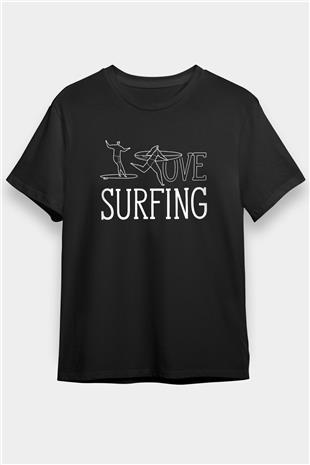 Sörf - Surfing Baskılı Unisex Siyah Tişört - Tshirt
