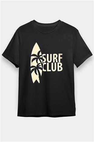 Sörf - Surfing Baskılı Unisex Siyah Tişört - Tshirt