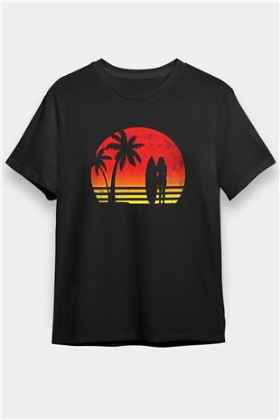 Sörf - Surfing Baskılı Unisex Siyah Tişört - Tshirt