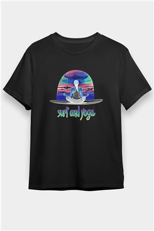 Sörf - Surfing Baskılı Unisex Siyah Tişört - Tshirt