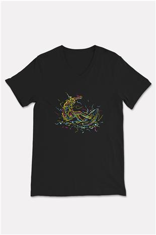 Sörf - Surfing Baskılı Unisex Siyah V Yaka Tişört