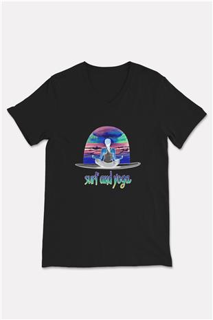 Sörf - Surfing Baskılı Unisex Siyah V Yaka Tişört