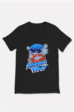 Sörf - Surfing Baskılı Unisex Siyah V Yaka Tişört