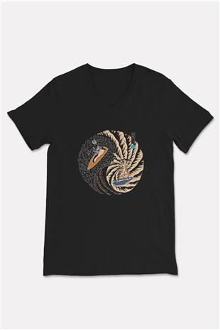 Sörf - Surfing Baskılı Unisex Siyah V Yaka Tişört