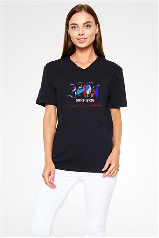 Sörf - Surfing Baskılı Unisex Siyah V Yaka Tişört