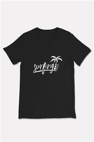 Sörf - Surfing Baskılı Unisex Siyah V Yaka Tişört