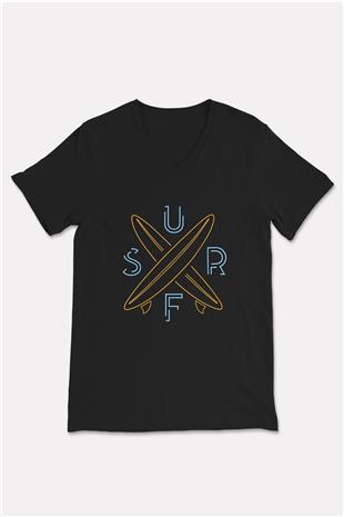 Sörf - Surfing Baskılı Unisex Siyah V Yaka Tişört