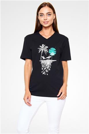 Sörf - Surfing Baskılı Unisex Siyah V Yaka Tişört