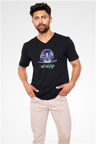 Sörf - Surfing Baskılı Unisex Siyah V Yaka Tişört