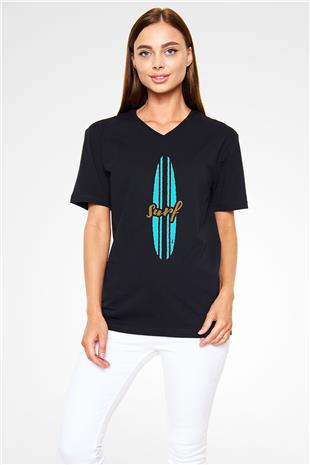 Sörf - Surfing Baskılı Unisex Siyah V Yaka Tişört