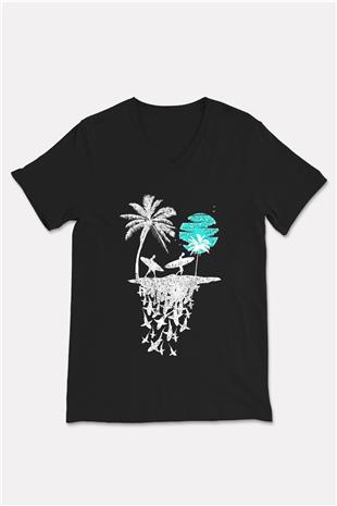 Sörf - Surfing Baskılı Unisex Siyah V Yaka Tişört