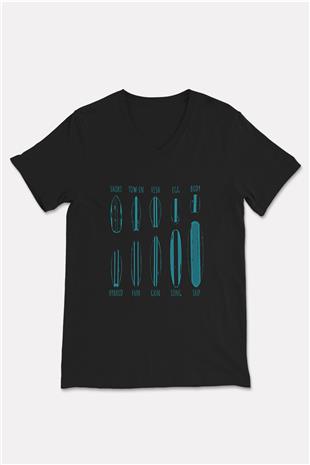 Sörf - Surfing Baskılı Unisex Siyah V Yaka Tişört