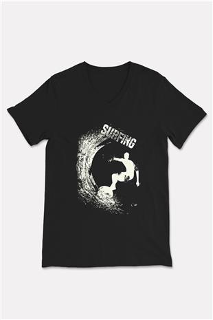 Sörf - Surfing Baskılı Unisex Siyah V Yaka Tişört