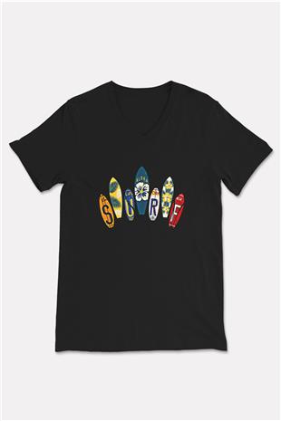 Sörf - Surfing Baskılı Unisex Siyah V Yaka Tişört