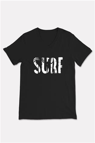 Sörf - Surfing Baskılı Unisex Siyah V Yaka Tişört