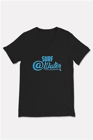 Sörf - Surfing Baskılı Unisex Siyah V Yaka Tişört