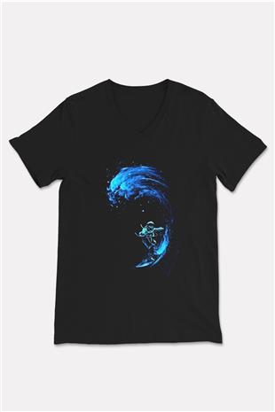 Sörf - Surfing Baskılı Unisex Siyah V Yaka Tişört