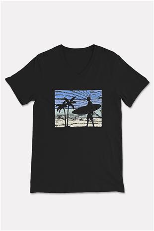 Sörf - Surfing Baskılı Unisex Siyah V Yaka Tişört