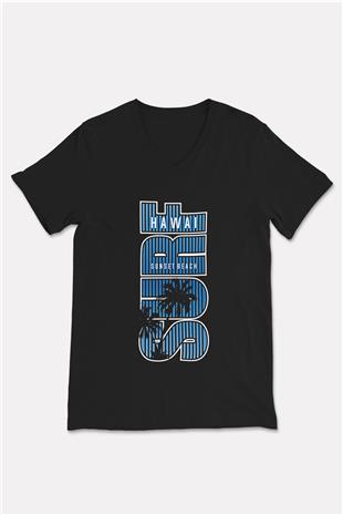 Sörf - Surfing Baskılı Unisex Siyah V Yaka Tişört