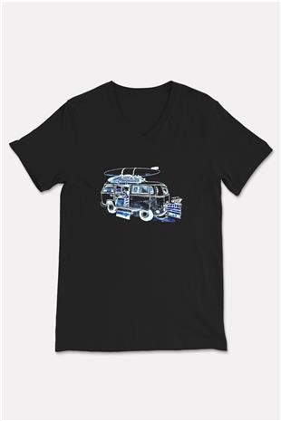 Sörf - Surfing Baskılı Unisex Siyah V Yaka Tişört