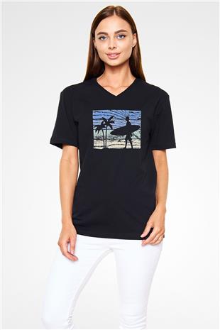 Sörf - Surfing Baskılı Unisex Siyah V Yaka Tişört
