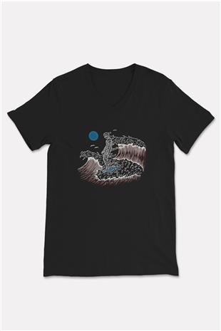 Sörf - Surfing Baskılı Unisex Siyah V Yaka Tişört