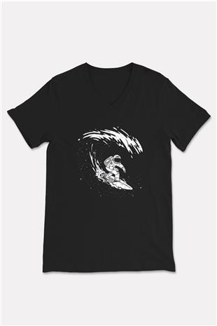 Sörf - Surfing Baskılı Unisex Siyah V Yaka Tişört