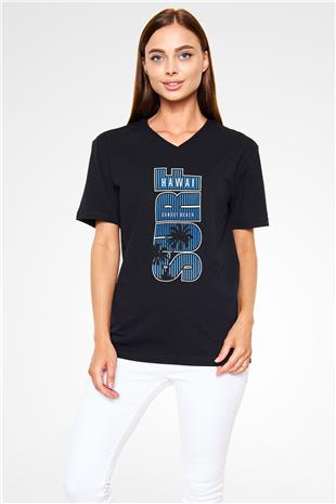 Sörf - Surfing Baskılı Unisex Siyah V Yaka Tişört