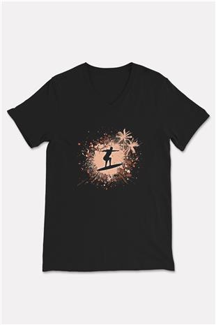 Sörf - Surfing Baskılı Unisex Siyah V Yaka Tişört