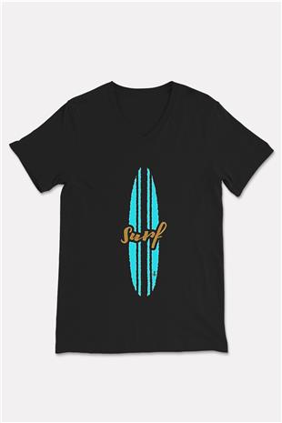 Sörf - Surfing Baskılı Unisex Siyah V Yaka Tişört