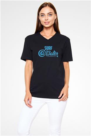 Sörf - Surfing Baskılı Unisex Siyah V Yaka Tişört