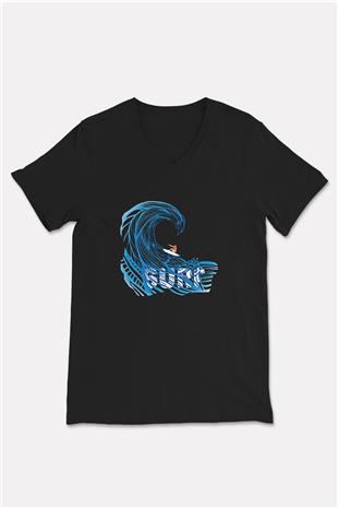 Sörf - Surfing Baskılı Unisex Siyah V Yaka Tişört