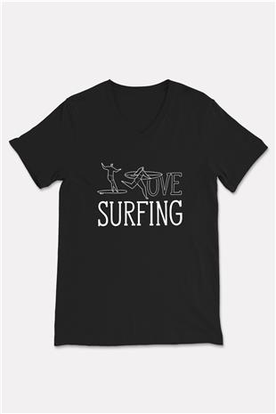 Sörf - Surfing Baskılı Unisex Siyah V Yaka Tişört