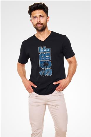 Sörf - Surfing Baskılı Unisex Siyah V Yaka Tişört