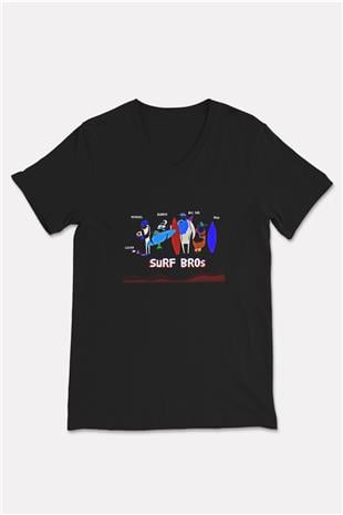 Sörf - Surfing Baskılı Unisex Siyah V Yaka Tişört