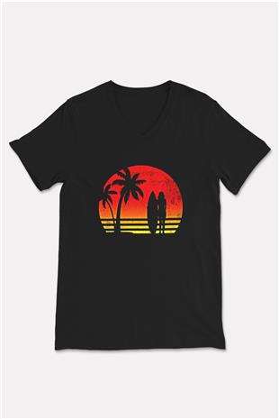 Sörf - Surfing Baskılı Unisex Siyah V Yaka Tişört